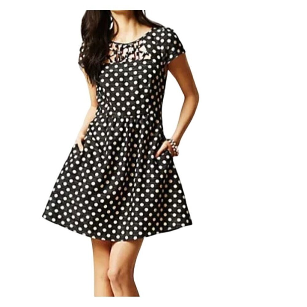 Anthropologie Maeve Polka Dot Dress 0 Black Mini Swing Pinup Retro‎ Preppy 80s